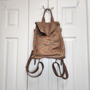 MMS Brown Leather Backpack Unisex Convertible Straps Many Zipped Pockets NWOT